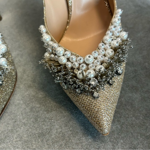 Casadei gold glitter stiletto blade high heel pumps 10 pearl beads rhinestones - Picture 7 of 11